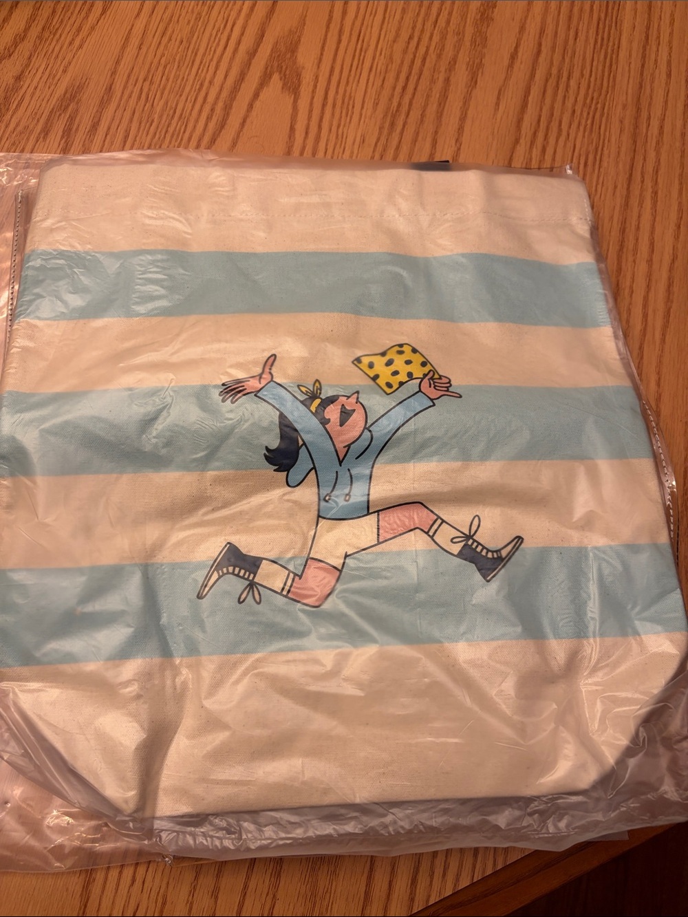 NWT Striped Canvas Tote with Playful Jumping Girl Print - Blue & Cream